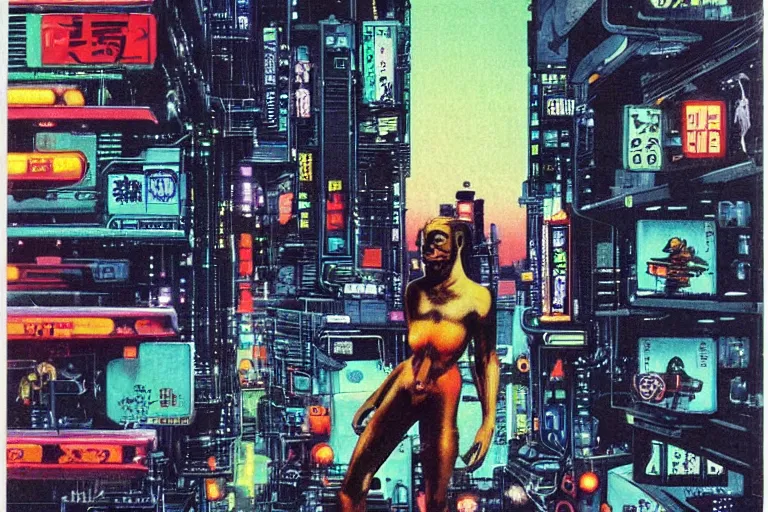 Image similar to 1979 OMNI Magazine Cover of an humanoid monkey in Neo-Tokyo in cyberpunk style by Vincent Di Fate
