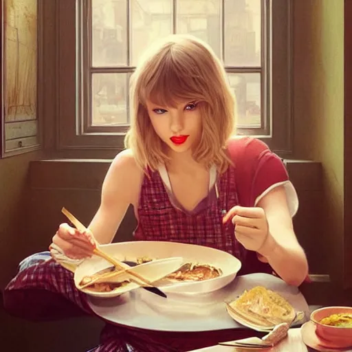 Image similar to taylor swift as a college student, eating ramen, bokeh, beautiful face!!!!, 2 7 years old, cg animation, lifelike, animated, realistic, character select portrait, by artgerm, greg rutkowski, alphonse mucha, anne liebovitz, 3 d