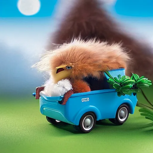 Image similar to long shot of a cute fluffy furry chick nesting in a playmobil car, by esao andrews, by m. w. kaluta, humorous illustration, hyperrealistic, tilt shift, warm colors, night scenery, low light, 3 d octane render, 4 k, volumetric lights, smooth, cosy atmosphere, conceptart, hyperdetailed, trending on deviantart