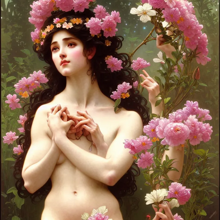 Image similar to a wonderful goddess with a body of beautiful flowers, intricate, elegant, highly detailed, wonderful eyes, cute, digital painting, artstation, concept art, smooth, clear focus, illustration, art by artgerm and greg rutkowski, alphonse mucha and william - adolphe bouguereau