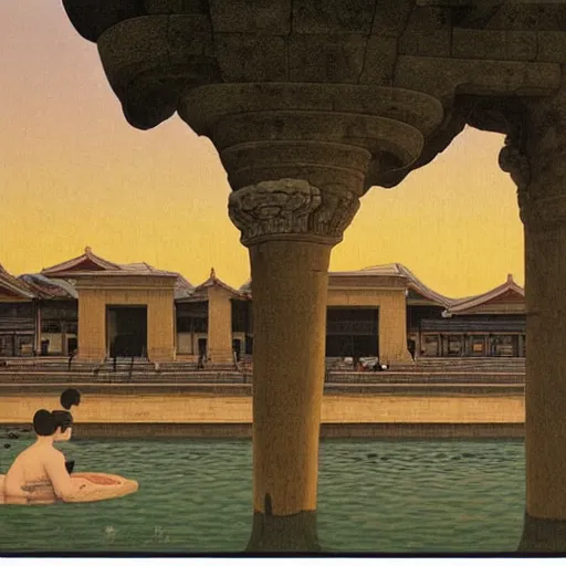 Image similar to a beautiful ancient bathhouse with bathing alien creatures surrounded by greek statues at sunset by hasui kawase