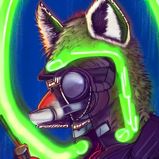 Image similar to digital painting of anthromorphic hyena female smoking cigarrete, fursona, furry fandom, furaffinity, neon rainy cyberpunk setting, anthro, wearing cyberpunk leather jacket, detailed face, blade runner, zootopia style,