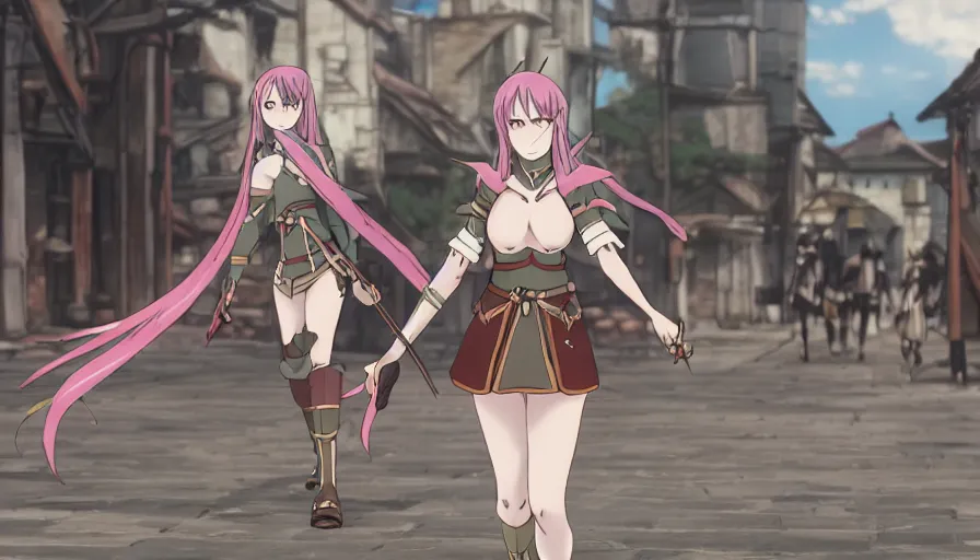 Prompt: Anime female knight elf • walking through the middle of an isekai town street • cinematic anime screenshot by the Studio JC STAFF