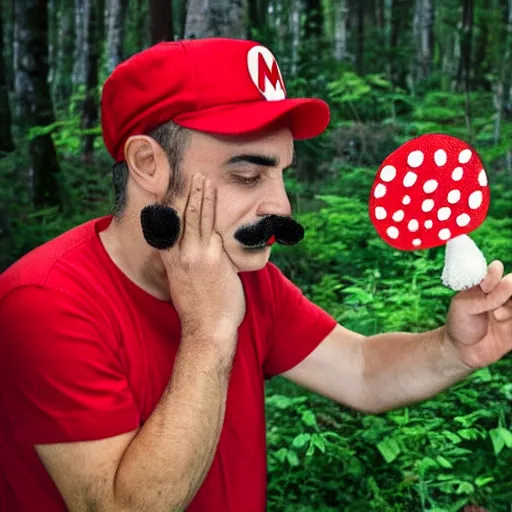 Image similar to italian man with a mustache dressed as mario wearing a solid red mario hat drooling, eyes rolled back, looking at red mushroom with white spots, in a forest