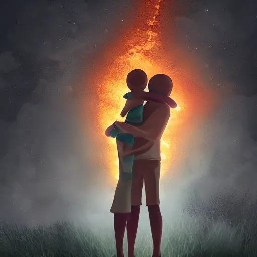 Image similar to A family hugging each other for the last time as the world is ending, meteors are falling from the sky, everything is on fire, dramatic lighting, digital art, very beautiful, 8K, dark lighting, trending on Artstation, award winning