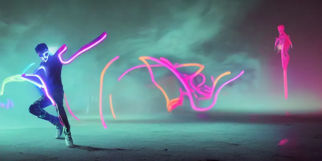 Prompt: cinematic camera wide angle of slow motion film still of futuristic break dancer wearing neon lights, long exposure shot , at night in the middle of an environment with only water and fog, paddle of water, water splashes, rim lights, glossy reflections, water droplets on lens, detailed and soft, by Ruan Jia and Mandy Jurgens and Artgerm and william-adolphe bouguereau and Greg Rutkowski and Wayne Barloweglints, lens flares