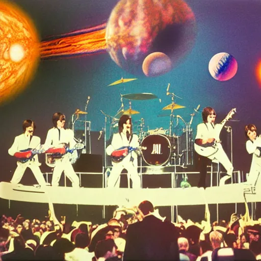Image similar to the beatles playing a concert on jupiter to a crowd of aliens. photograph 8 k cinematic colored