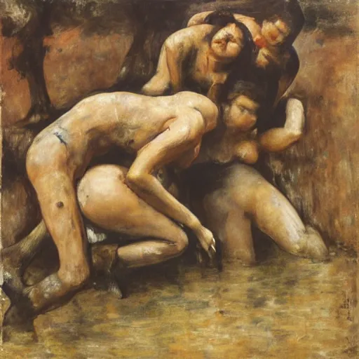 Image similar to 3 drunk women fall over mud - wrestling,, oil painted ( ( ( ( ( ( by rodin ) ) ) ) ) )