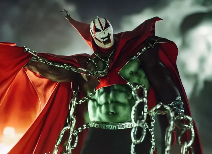 Image similar to film still of michael b jordan as spawn in the new spawn movie, giant chains, large cape, 8 k