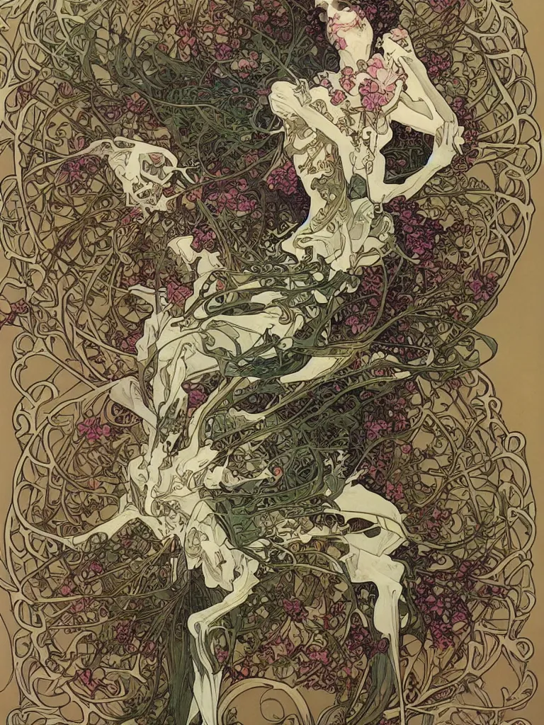 Image similar to a skeleton covered in flowers in a dynamic pose, art nouveau patterns, alphonse mucha, james jean, peter mohrbacher, highly detailed, soft lighting,