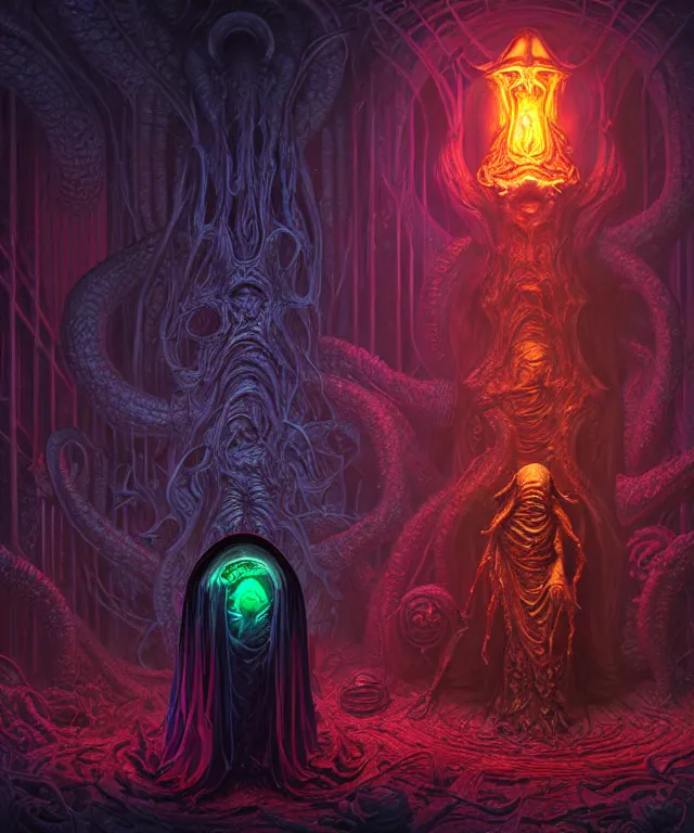 Image similar to hooded necromancer in front of a cthulhu within a viscosity fluid lovecraft portal, digital art by dan mumford and peter mohrbacher and wayne barlowe, intricate detail, subsurface scattering, ray tracing, unreal engine, octane render, synthwave color scheme