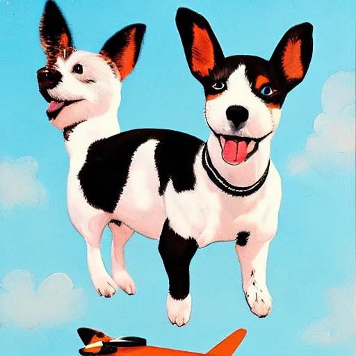 Image similar to biplane flying, piloted by identical 3 dogs, toy fox terrier breed, black and white spots, panting, tin tin painting