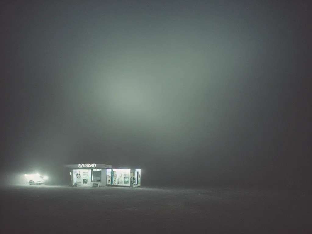 Image similar to “35mm film photography of gas station, forest, fog, night, mood, cinestill 800t, grain”