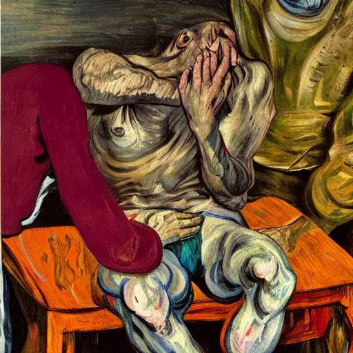 Image similar to high quality high detail expressionist painting of a man in agony by lucian freud and jenny saville and francis bacon and francisco goya and vincent van gogh, hd, anxiety, seated at table with friend in a living room crying and screaming, turquoise and purple and orange and pink