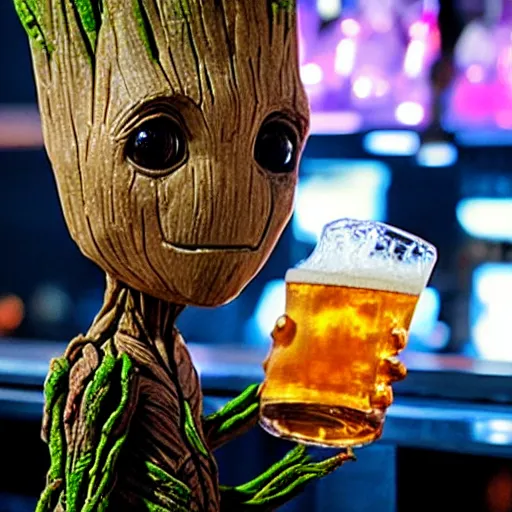 Prompt: groot at a bar, drinking beer