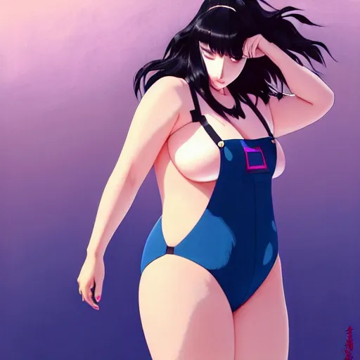 Image similar to a beautiful plus sized model japanese natalie portman, alluring plus sized model, wearing mayan leotard with overalls, street fashion hip hop style with mayan patterns, aztec street fashion, gapmoe yandere grimdark, trending on pixiv fanbox, painted by greg rutkowski makoto shinkai takashi takeuchi studio ghibli, akihiko yoshida