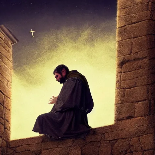 Prompt: Close-up of a terrified catholic priest in his thirties on the roof of a medieval tower watching in fear as an ominous yellow shadow descends upon him from the night sky. He is fervently praying but his eyes are wide open with fear. Low angle, dramatic lighting. Award-winning digital art, trending on ArtStation