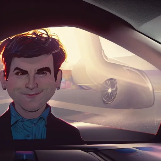 Image similar to Giant head of David Copperfield, dark hair, heavy eyebrows, on a robotic car with wheels running on a californian highway, rays of light, particles light, kuvshinov ilya, unreal engine