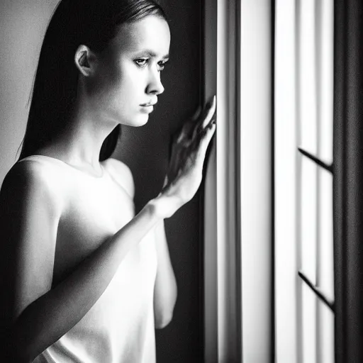 Image similar to black and white fashion photography of a beautiful depressed Woman with detailed face standing by the window, natural light, soft noise, sigma 85mm f/1.4 1/10 sec shutter