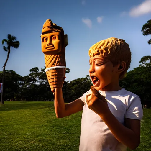 Prompt: a very upset and crying kid holding an ice cream cone but the ice cream is replaced with a moai statue, 4 k photograph