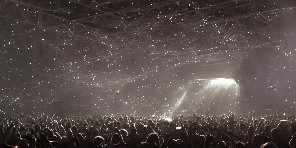 Image similar to dusty Trent Reznor smashing guitars, group of people on stage playing instruments, elaborate stage effects, dust, smoke, giant LED screens, colored projections, ultrafine detail, goth cybersuit, glowing thin wires, smoke, high contrast, projections, a screenshot by David Gilmour Blythe, holography, tesseract, volumetric lighting, anamorphic lens flare