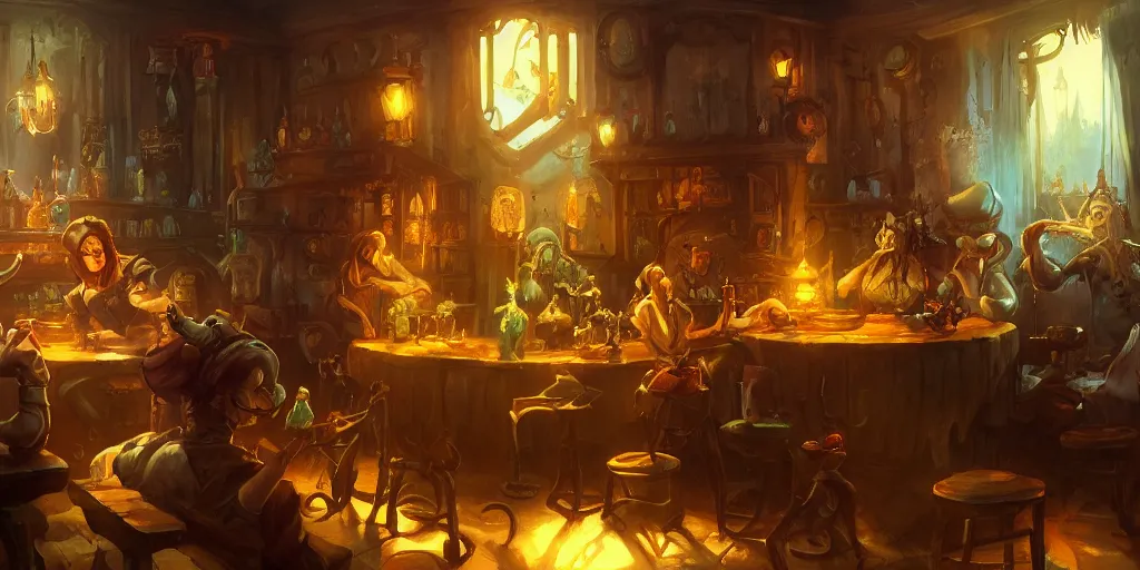 Image similar to tavern scene, cinematic, Victorian, by Tony Sart and Anato Finnstark, illustration, concept art, award winning on Artstation, deviantart