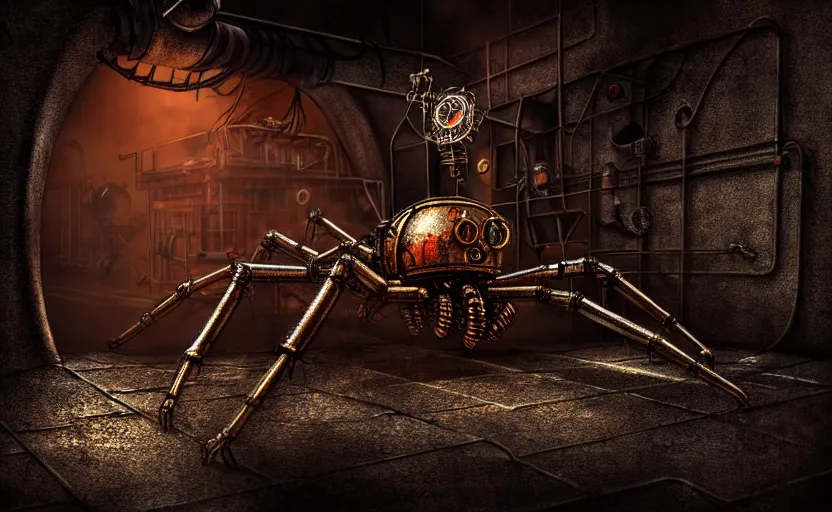 Prompt: mechanical steampunk spider in a large dimly lit wet sewer, ultra detailed digital art, fine drawing, grunge, hyper real, 4 k, moody lighting, warm colors, shaded