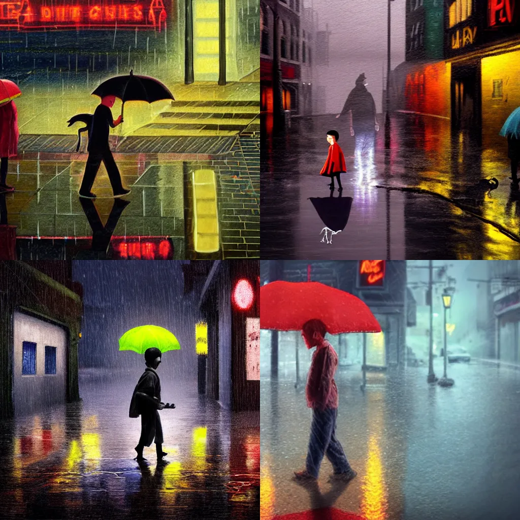 Prompt: a matte painting of a young boy and his pet dog helping an old woman to cross a street, rainy evening, water reflection on the floor, neon, next to alley.