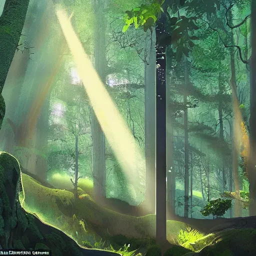 Prompt: An incredibly diverse forest, the light shoots through the trees from the sun, a walking path through the side, in the style of studio ghibli