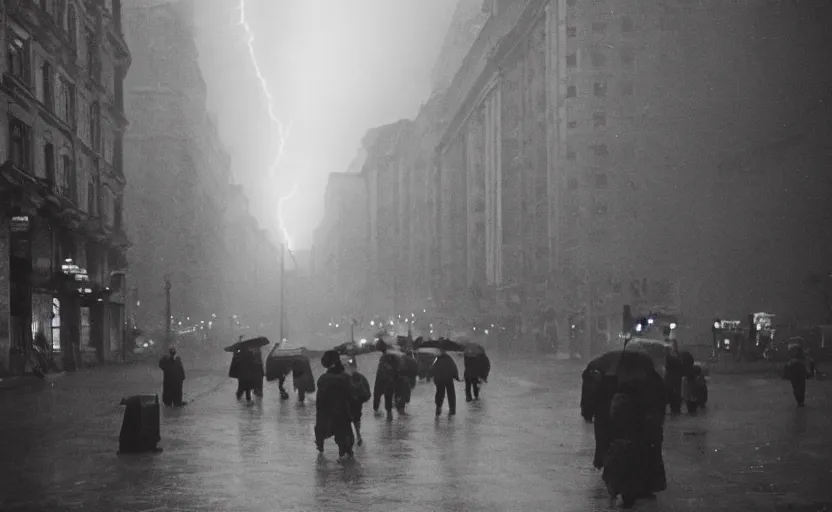 Prompt: 40s movie still of a sovietic street with pedestrians with stanilist style highrise in the backround , Cinestill 800t 18mm, heavy grainy picture, very detailed, high quality, 4k panoramic, HD criterion, dramatic lightning, streetlight at night, rain, mud, foggy, soviet flags