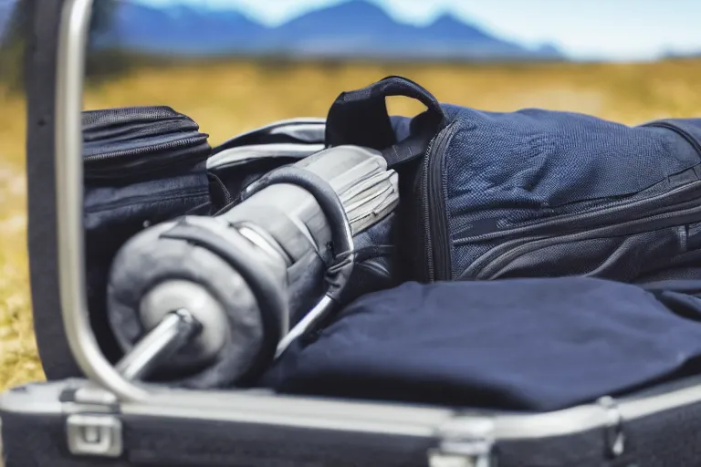 Image similar to a photo of luggage, gear shift, mountain range