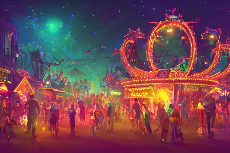 Image similar to a night carnival in a dreamworld, night, dark background, glowing lights, beautiful lighting, highly detailed digital art, trending in behance.