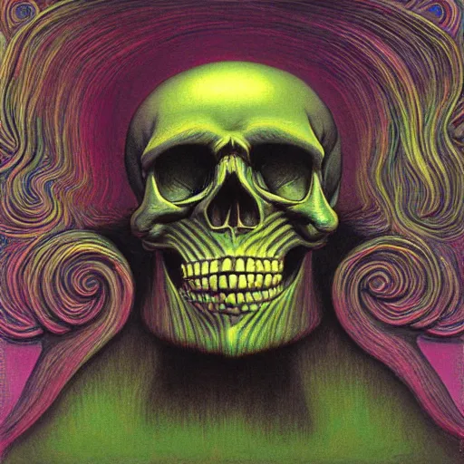 Prompt: psychedelic skull in the style of Zdzisław Beksiński,
