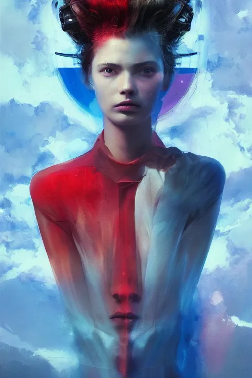 Prompt: 3 d, sci - fi, morning, sleepy fashion model face, sun, cinematic, lightning clouds, vogue cover style, stanley kubrick, light red and deep blue mood, realistic painting, intricate oil painting, high detail, figurative art, multiple exposure, poster art, 3 d, by tooth wu and wlop and beeple and greg rutkowski