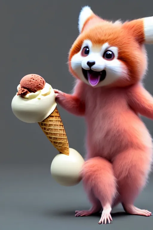 Image similar to high quality 3 d render hyperrealist very cute pastel fluffy! red panda & tarsier hybrid eating giant ice cream full body, vray smooth, in the style of detective pikachu, hannah yata charlie immer, very dramatic pink light, low angle, uhd 8 k, shallow depth or field