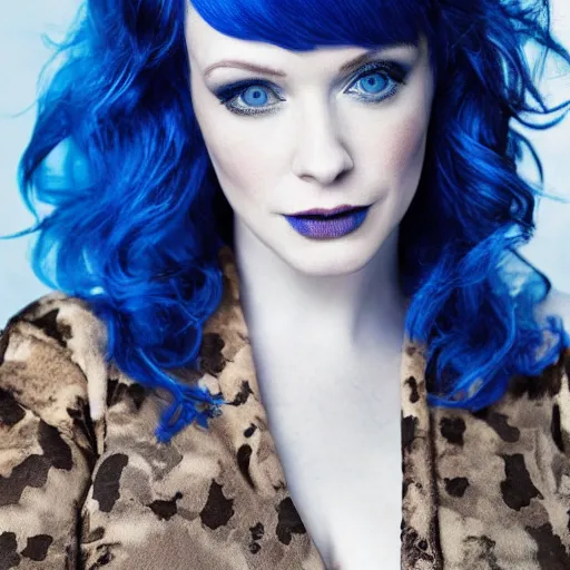 Image similar to An HD fashion editorial photo of Christina Hendricks with vivid blue hair. Portraiture photography.