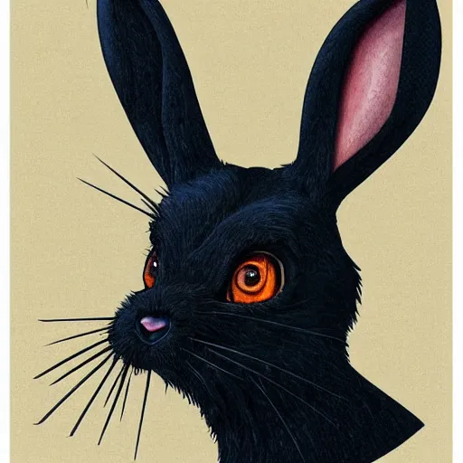 Image similar to A extremely highly detailed majestic hi-res beautiful, highly detailed head and shoulders portrait of a scary terrifying, horrifying, creepy black cartoon rabbit with scary big eyes, earing a shirt laughing, lets be friends, in the style of Walt Disney