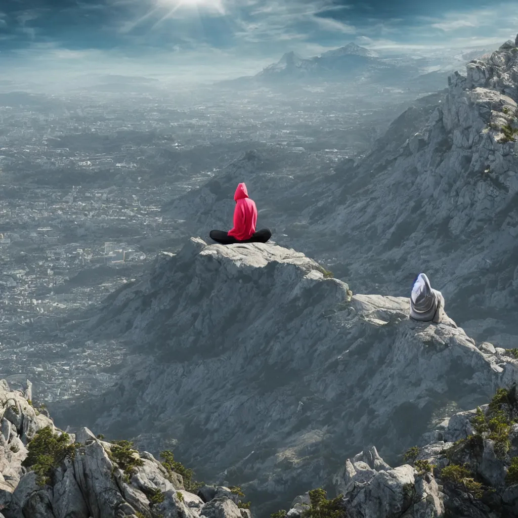 Image similar to meditating person with hoodie on sitting on top of a mountain overlooking a giant futuristic city by sundawn, high resolution photo, detailed