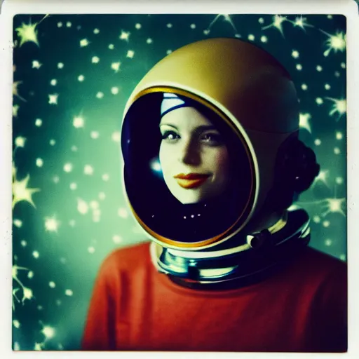 Prompt: a polaroid portrait of a beautiful woman wearing a space helmet, starry background, bokeh, lit from behind, heavy film grain, color bleed