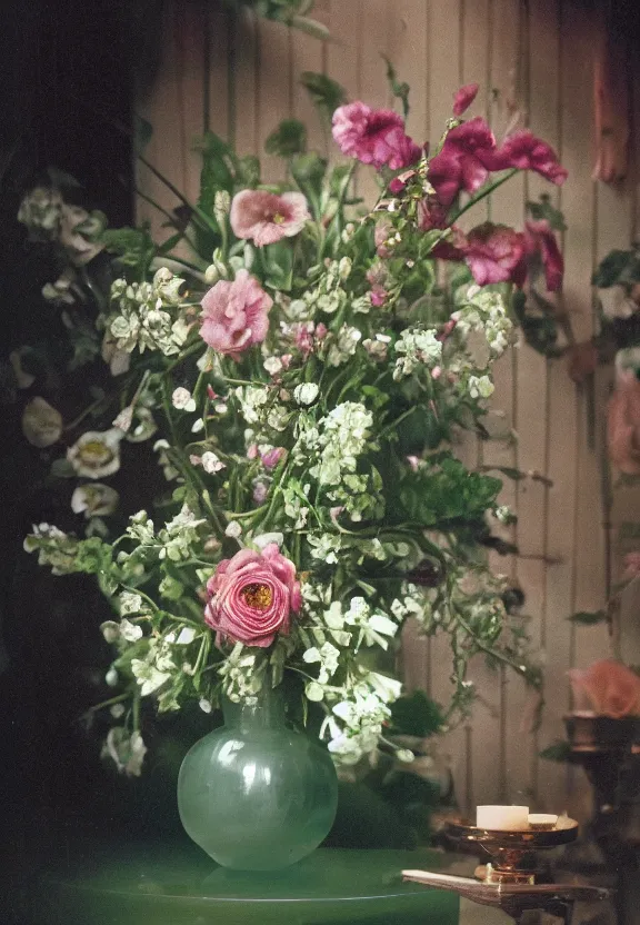 Prompt: a floral bouquet made out of gemstone crystals, in an elaborate jade vase sitting in a gloomy candlelit cabin under a narrow spotlight, hyperrealism, shot on film