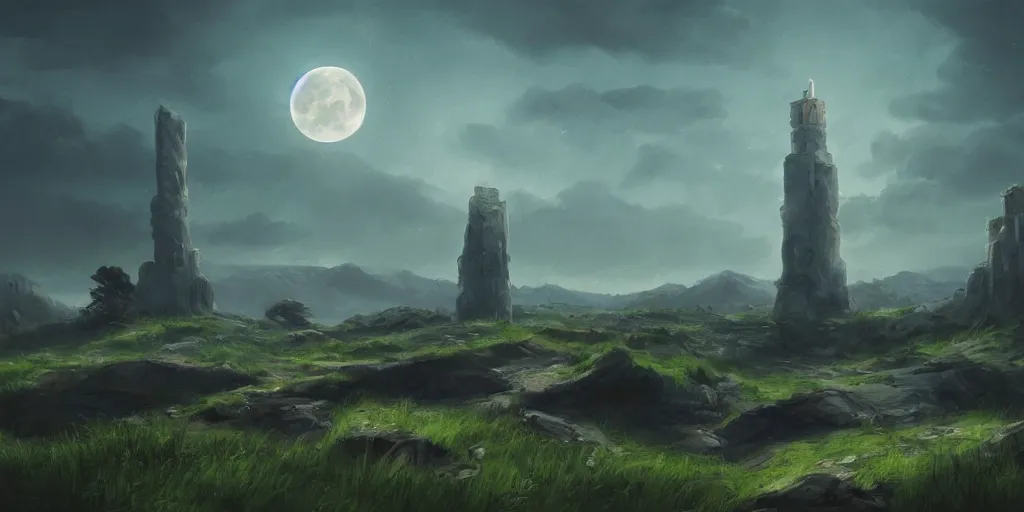 Image similar to The great marble wizards tower, painted landscape,green fields in the background, moody lighting, moon in the night sky, artstation, digital art