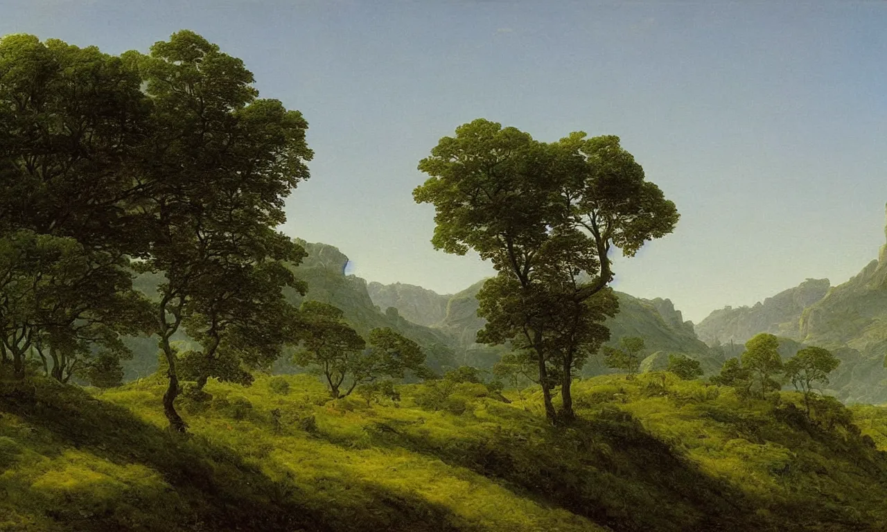 Image similar to a painting of a majestic landscape of noway in summer by caspar david friedrich, high detail,