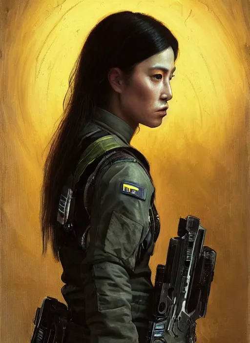 Image similar to Nikki tanaka. beautiful cyberpunk female USN marine wearing a military vest and military jumpsuit (cyberpunk 2077, bladerunner 2049). gorgeous face. Iranian orientalist portrait by john william waterhouse and Edwin Longsden Long and Theodore Ralli and Nasreddine Dinet, oil on canvas. Cinematic, hyper realism, realistic proportions, dramatic lighting, high detail 4k