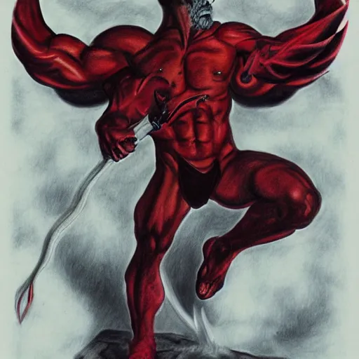 Prompt: full body drawing by Luke Starkie of a muscled horned Satan Devil, red flames in background