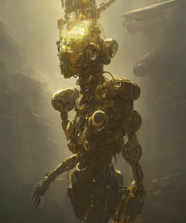 Image similar to a 4k cinematic full view ethereal android wearing intricate mecha gilded cyberpunk bone crown ivory , Unreal Engine 5, God Rays, Lumen, by Peter Mohrbacher, by Ruan Jia, by Greg Rutkowski, by Leonardo Da Vinci, detailed and realistic, poetic and symbolic, rule of thirds, golden ratio, Trending on Artstation