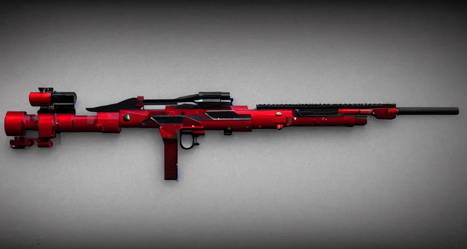 Prompt: extremely detailed ultra realistic side view photo vintage sci fi minimalist laser sniper rifle, detailed trigger, chemically propelled, electric, red paint, smooth streamline, elegant sleek smooth body, wires, railgun, chemrail, gauss, smooth utopian design, ultra high quality, octane, cod, destiny, warframe, terminator