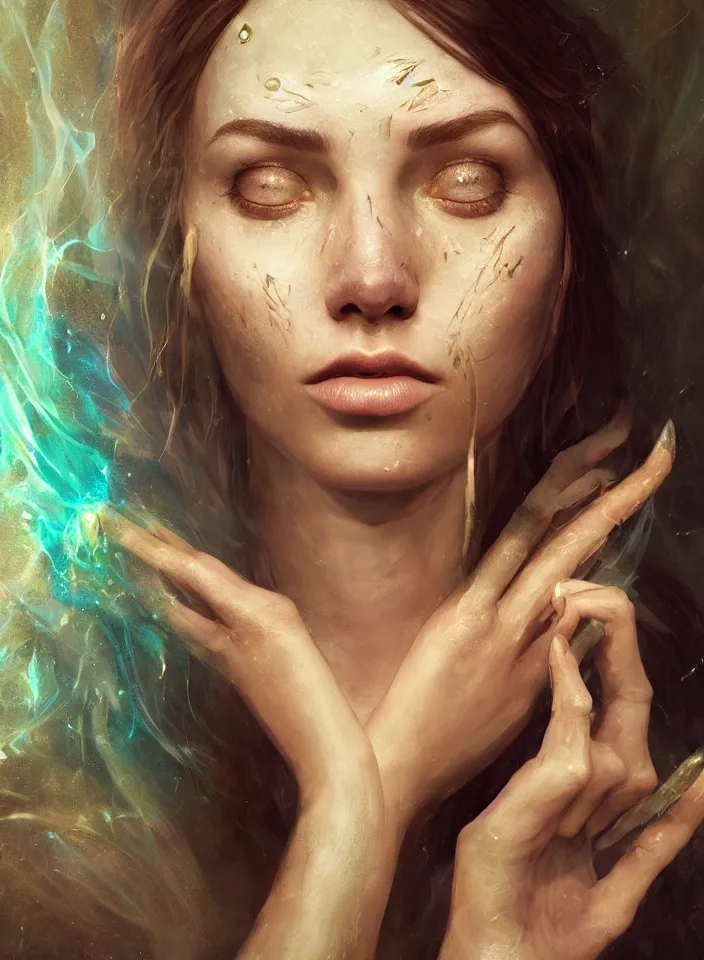 Image similar to a face portrait of a beautiful sorceress from skyrim casting a healing spell, fantasy setting, young face, serene colors, soft lighting, atmospheric, cinematic, moody, in the style of diego koi, gina heyer, luiz escanuela, art by alyssa monk, hyperrealism, rule of thirds, golden ratio, oil on canvas, 8 k