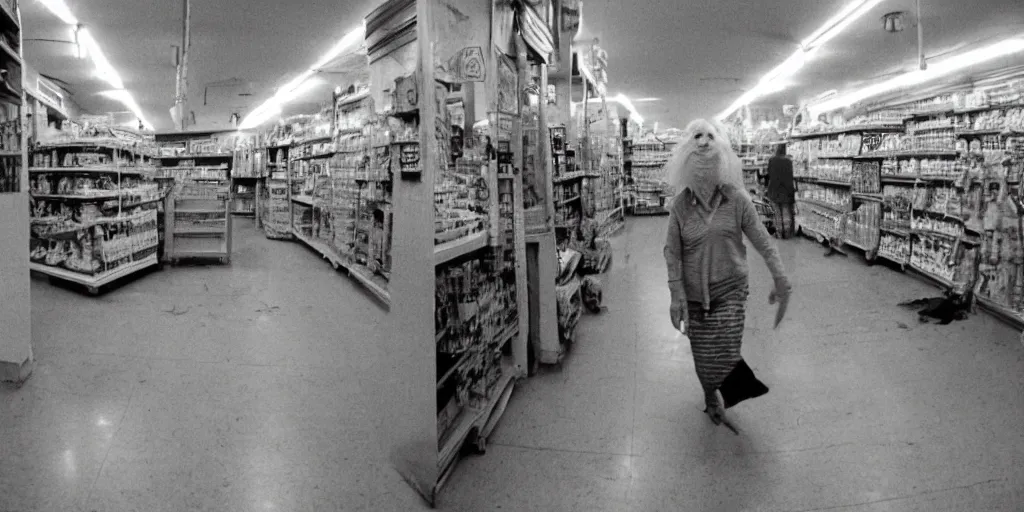 Prompt: elderly goblin women in abandoned grocery store aisle rushes towards you after you tell her no worries, 50mm film, flash photography, blurry, shaky