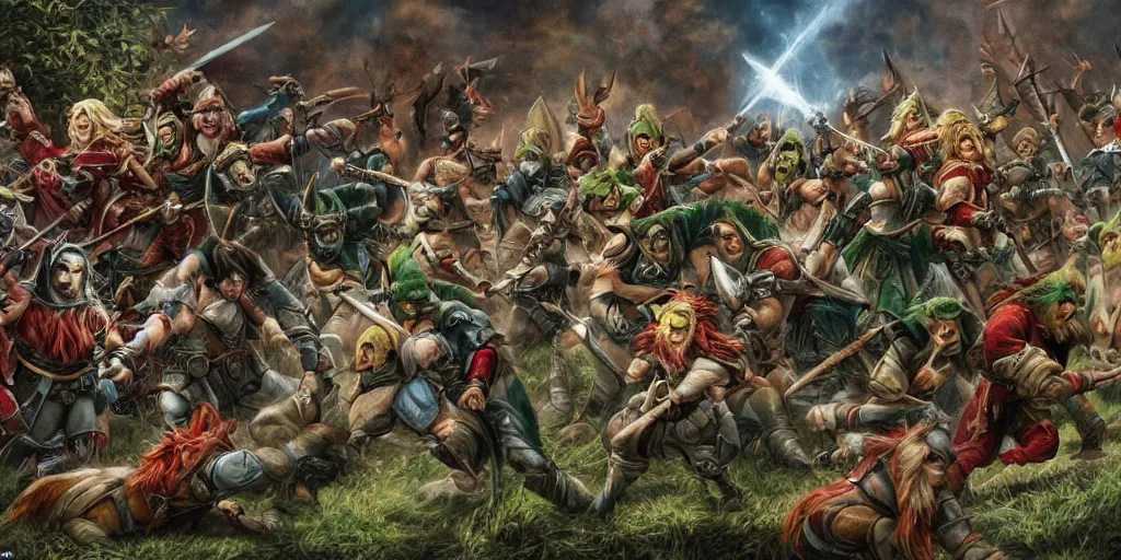 Prompt: elves and orcs are fighting , large scene , tragic