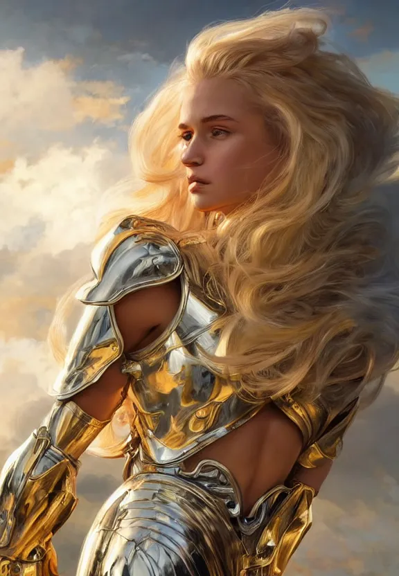 Prompt: A beautiful fierce photogenic blonde-haired angel wearing metallic battle armor, posing heroically with heavenly sunlit clouds in the background, close-up shot, elegant, digital painting, golden hour, cinematic, epic, trending on artstation, concept art, smooth, sharp focus, illustration, art by artgerm and Greg Rutkowski and Alphonse Mucha